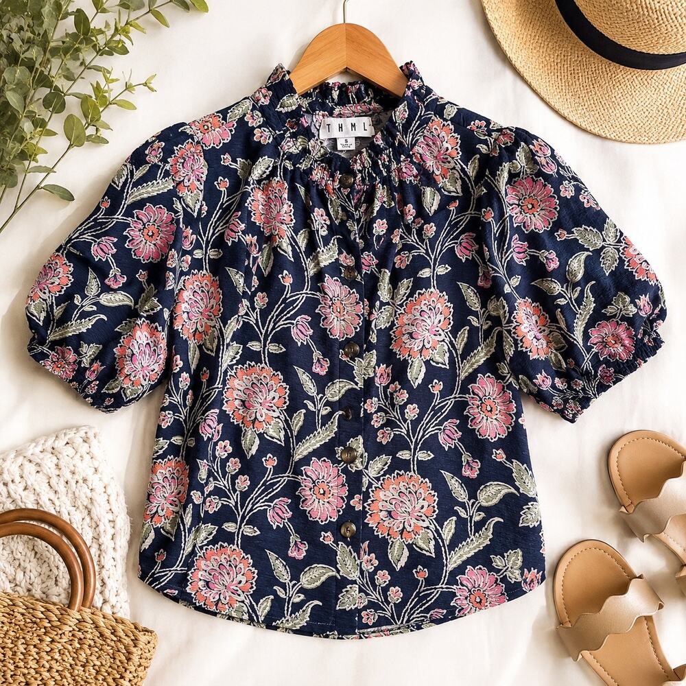 THML Navy Floral Puff Sleeve Blouse - Picture 1 of 7